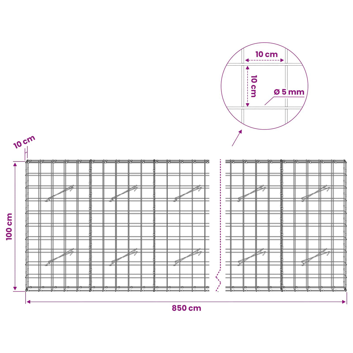 Gabion with 5 mm Wire and 10x10 cm Mesh 850x10x100 cm