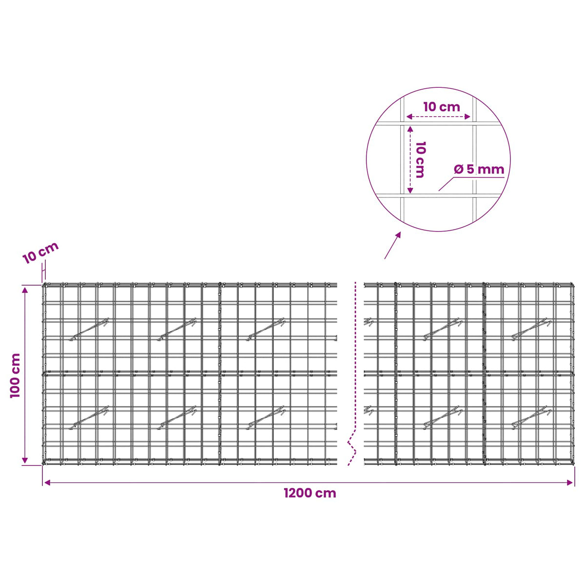 Gabion with 5 mm Wire and 10x10 cm Mesh 1200x10x100 cm