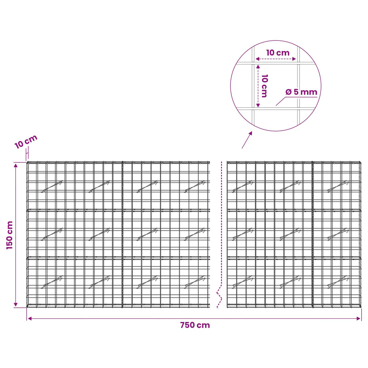 Gabion with 5 mm Wire and 10x10 cm Mesh 750x10x150 cm