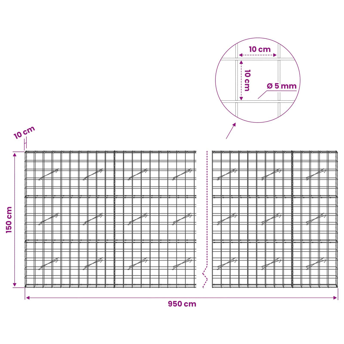 Gabion with 5 mm Wire and 10x10 cm Mesh 950x10x150 cm