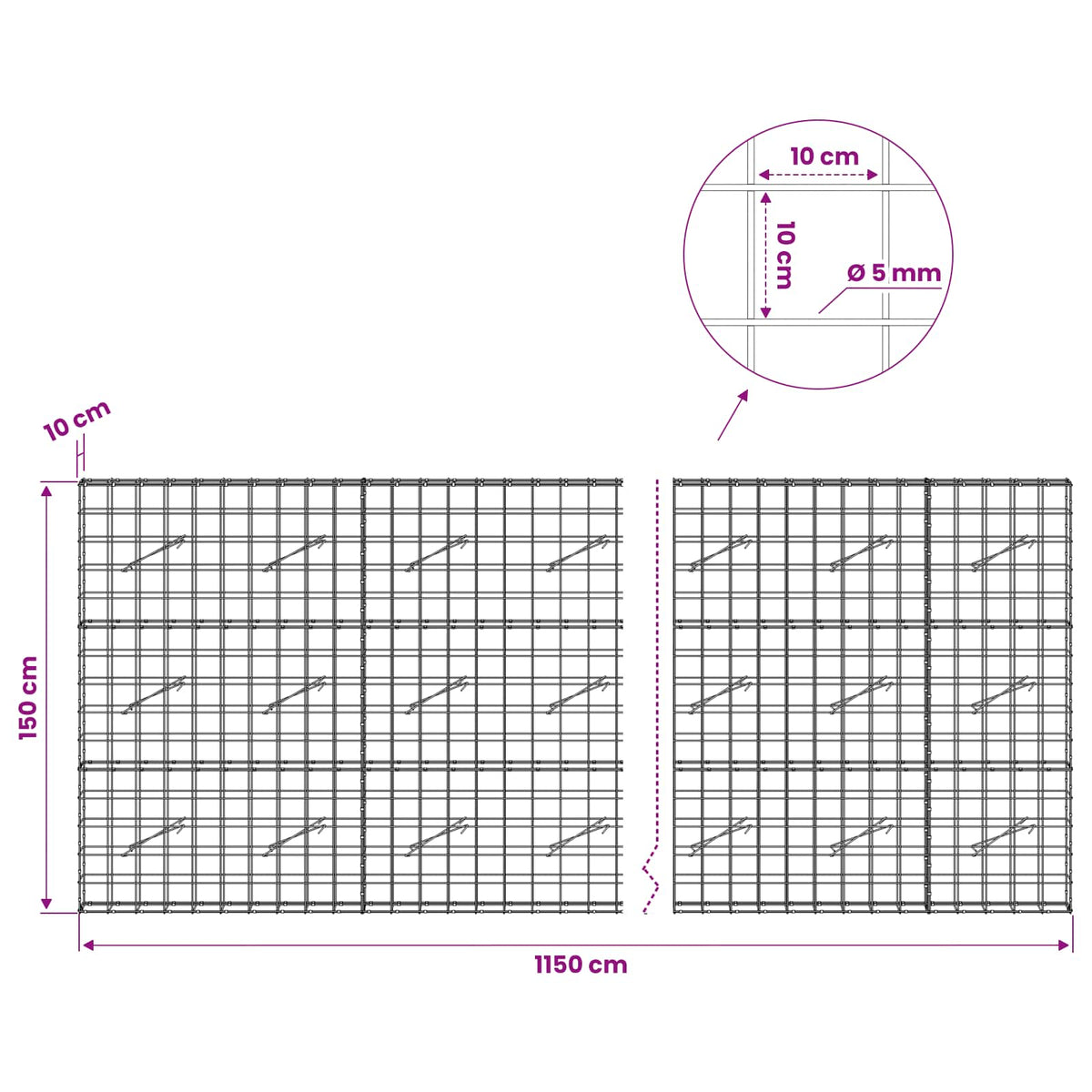 Gabion with 5 mm Wire and 10x10 cm Mesh 1150x10x150 cm