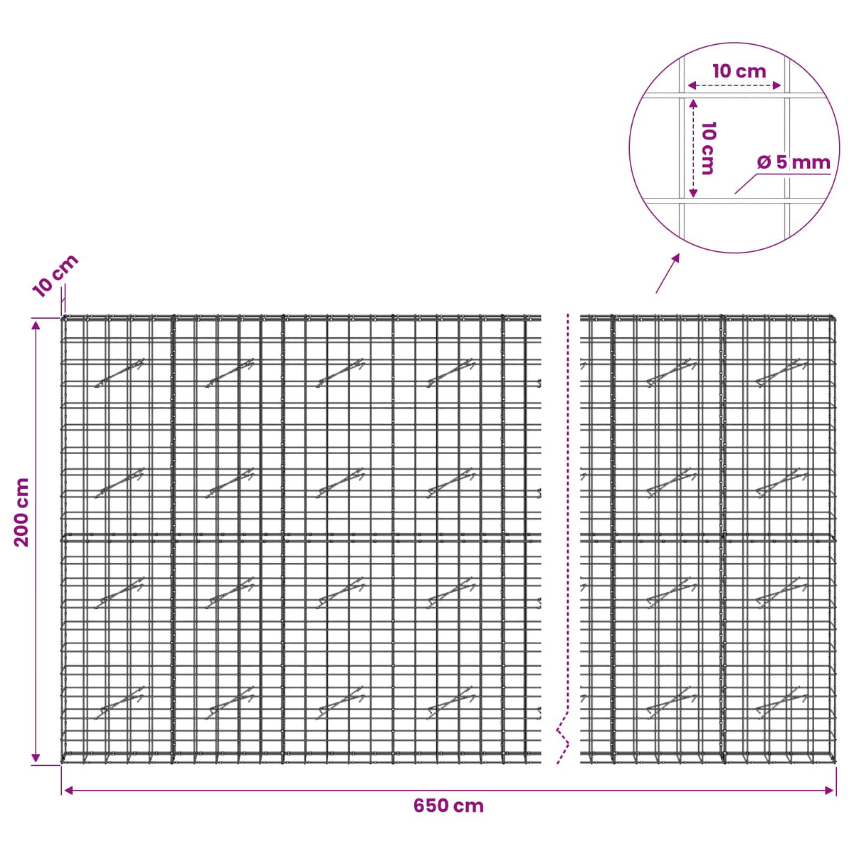 Gabion with 5 mm Wire and 10x10 cm Mesh 650x10x200 cm