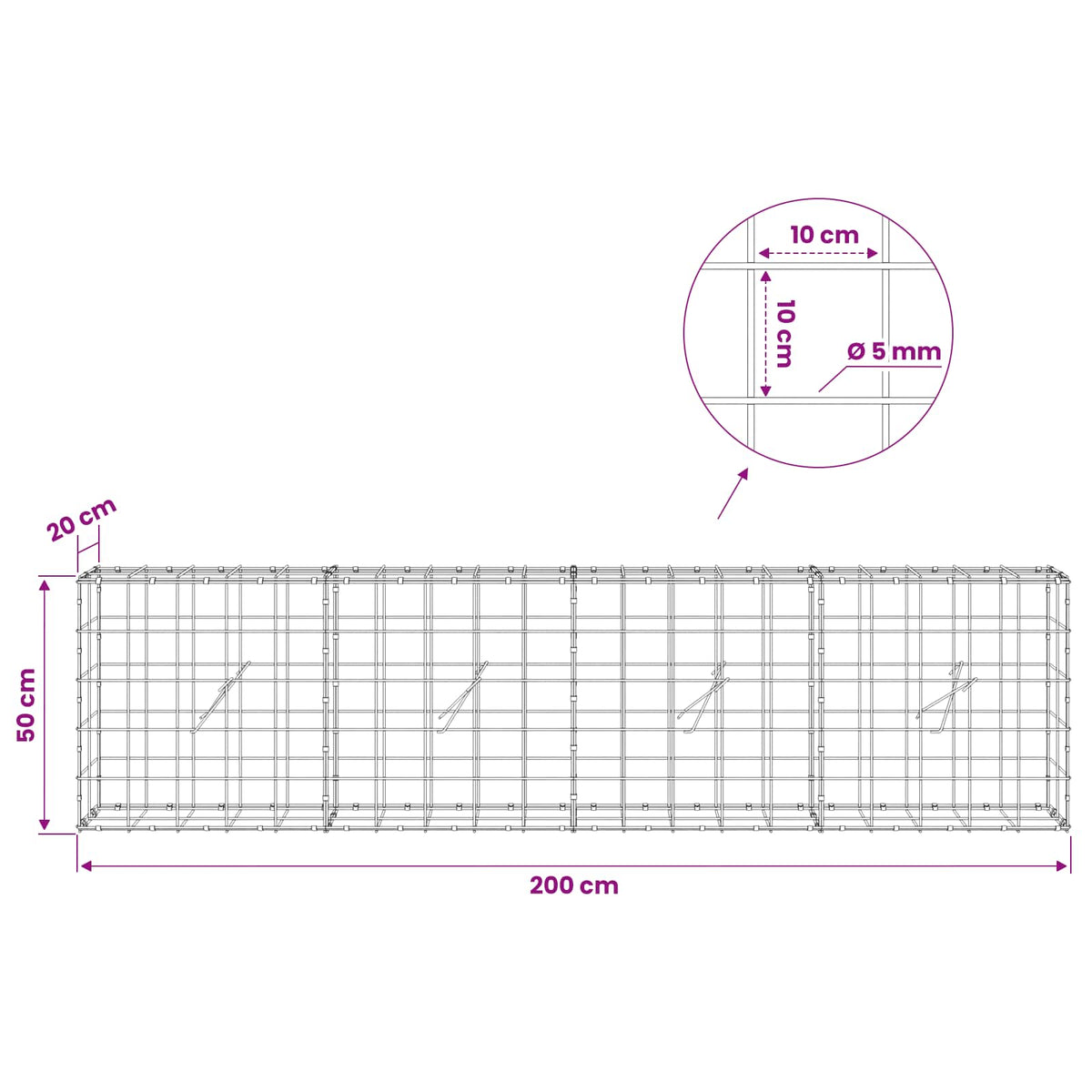 Gabion with 5 mm Wire and 10x10 cm Mesh 200x20x50 cm