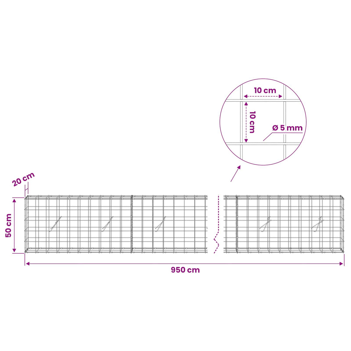 Gabion with 5 mm Wire and 10x10 cm Mesh 950x20x50 cm