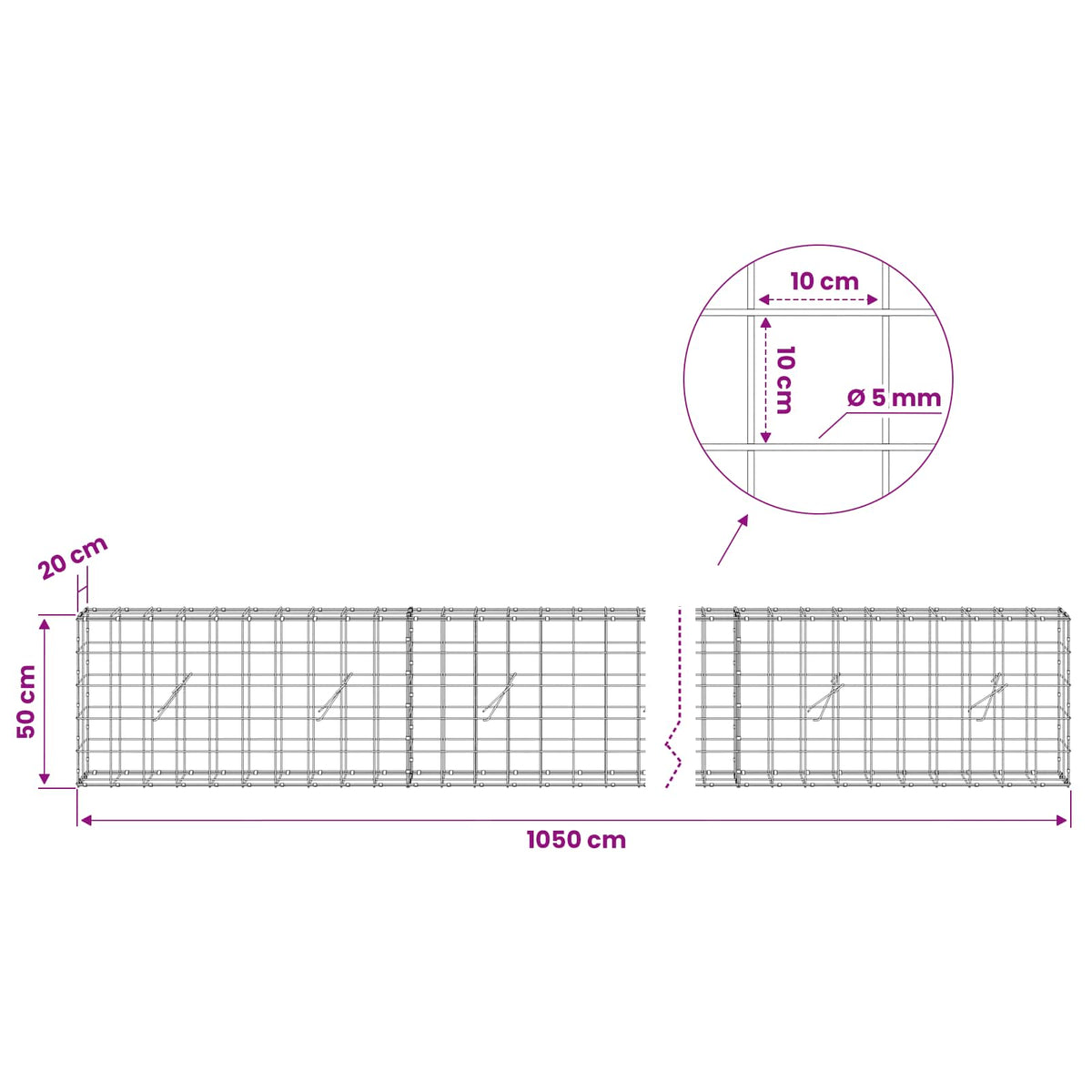 Gabion with 5 mm Wire and 10x10 cm Mesh 1050x20x50 cm