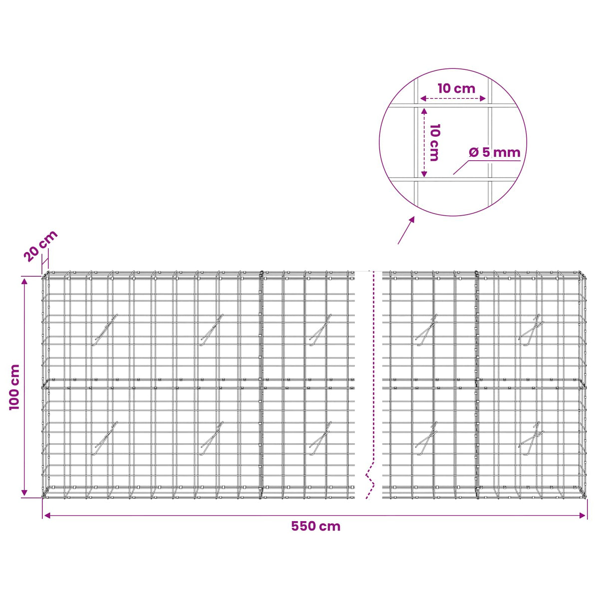 Gabion with 5 mm Wire and 10x10 cm Mesh 550x20x100 cm