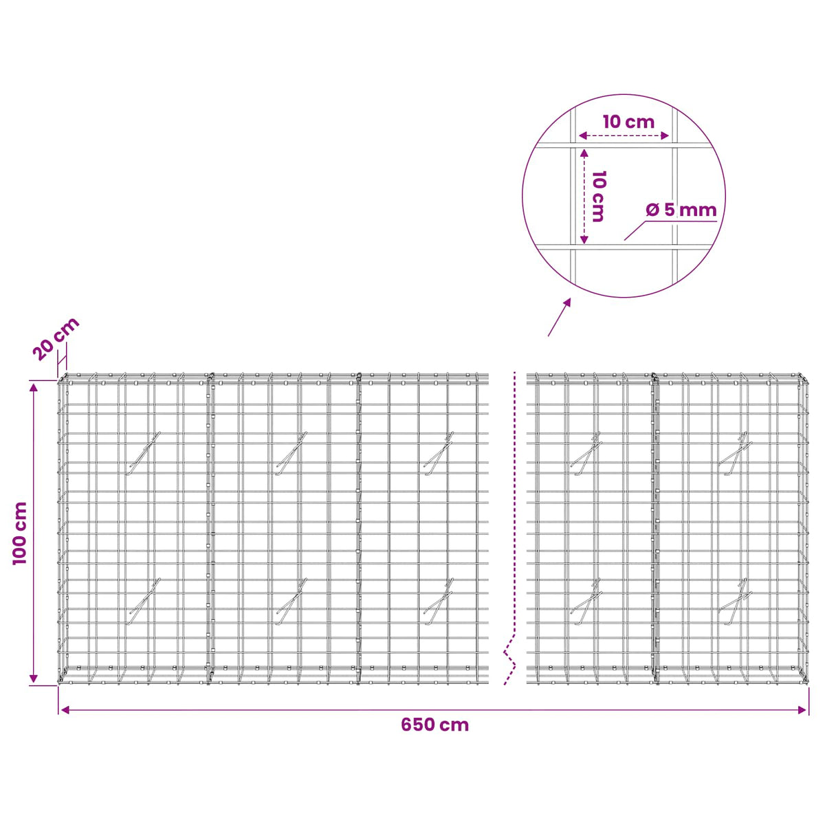Gabion with 5 mm Wire and 10x10 cm Mesh 650x20x100 cm