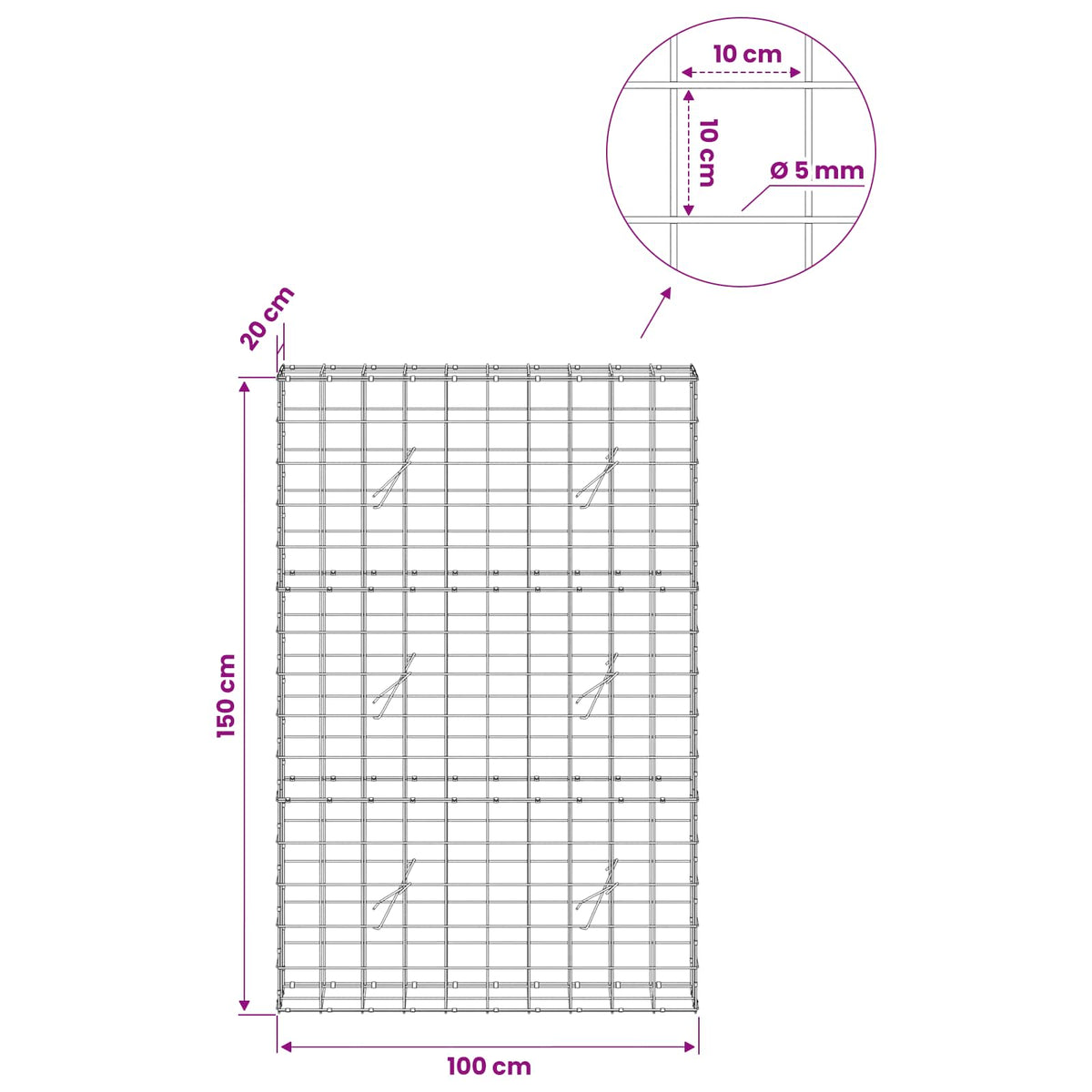 Gabion with 5 mm Wire and 10x10 cm Mesh 100x20x150 cm