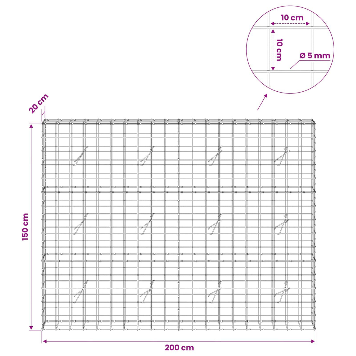 Gabion with 5 mm Wire and 10x10 cm Mesh 200x20x150 cm