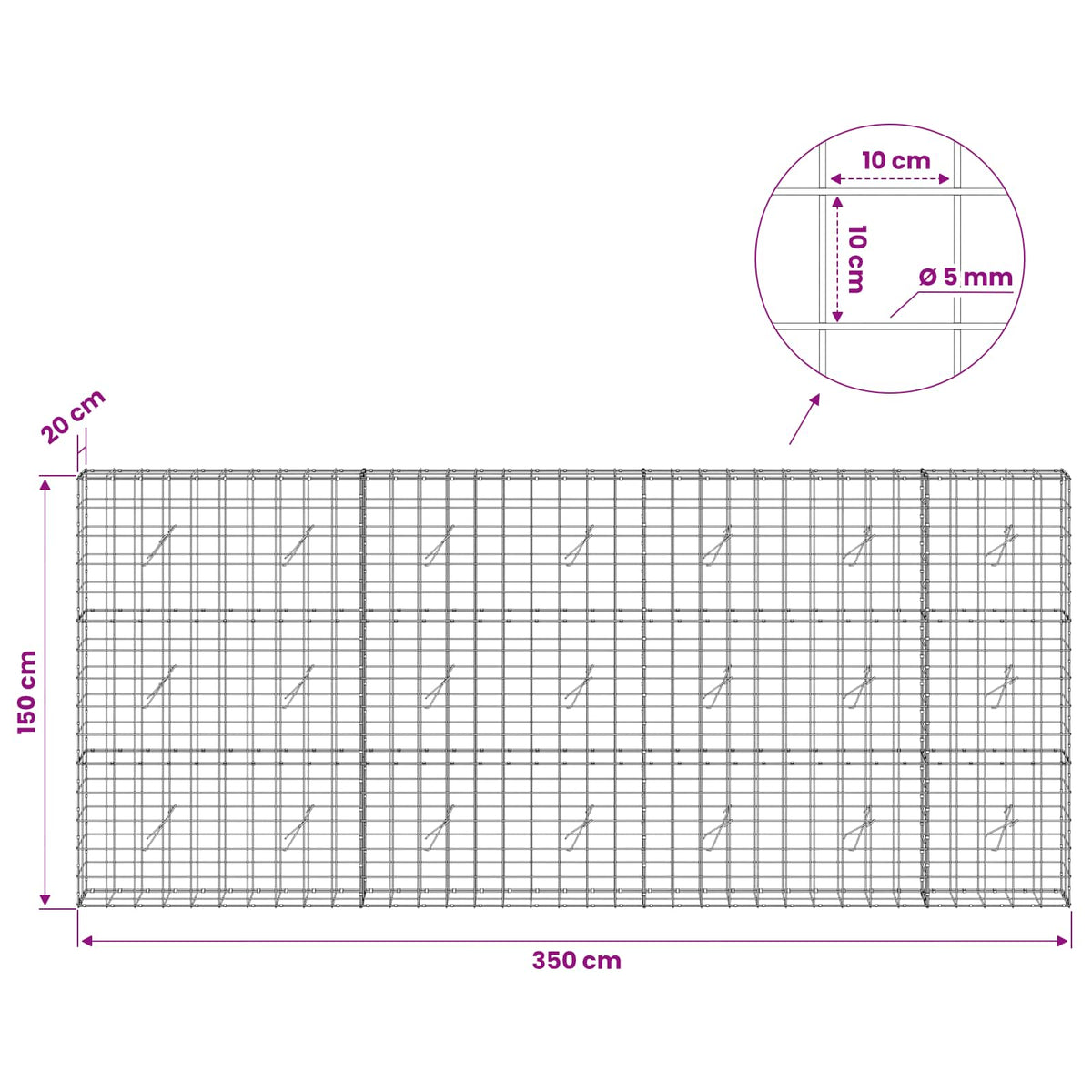 Gabion with 5 mm Wire and 10x10 cm Mesh 350x20x150 cm