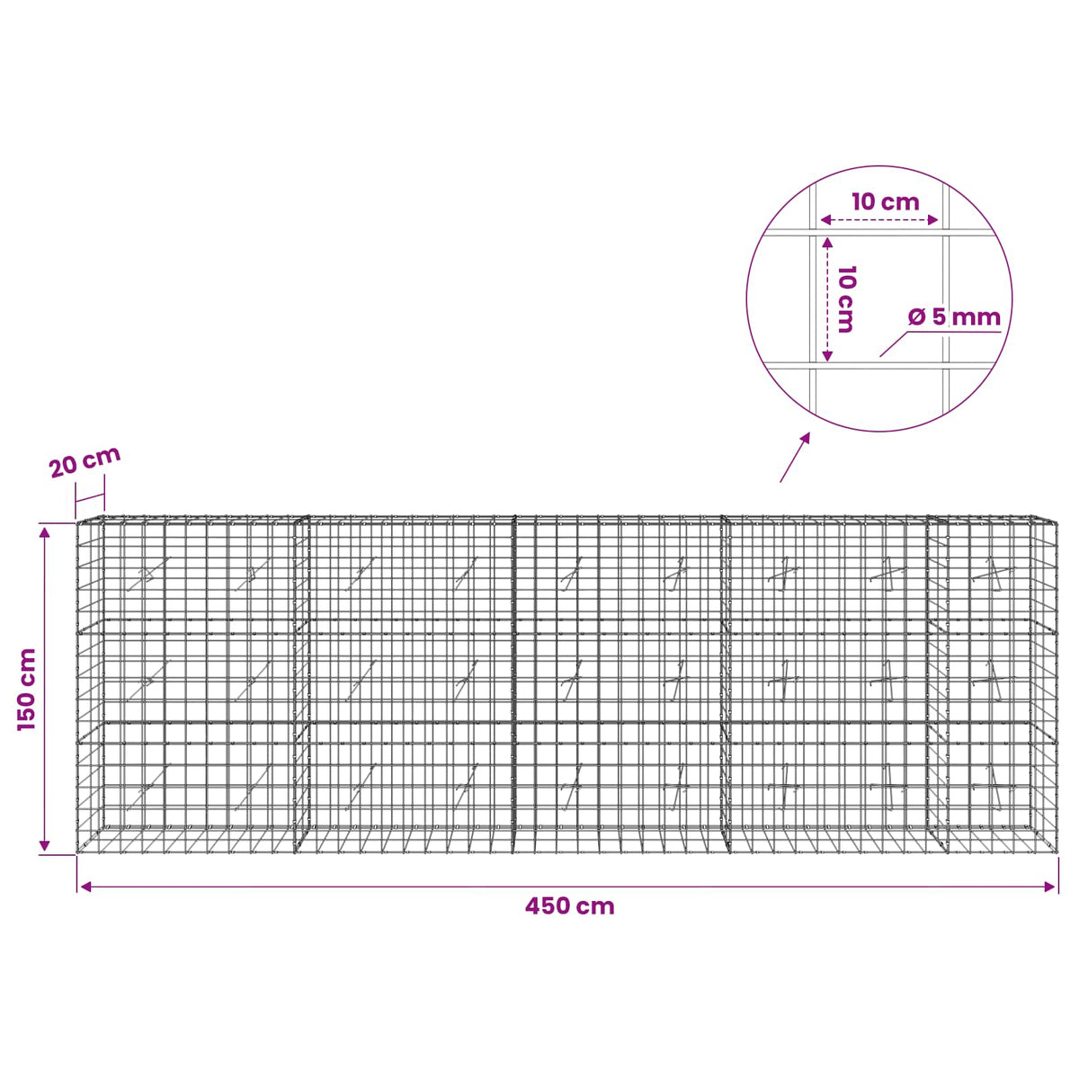 Gabion with 5 mm Wire and 10x10 cm Mesh 450x20x150 cm