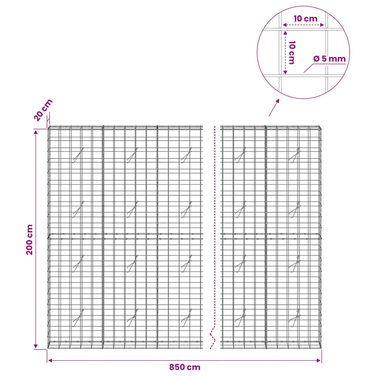 Gabion with 5 mm Wire and 10x10 cm Mesh 850x20x200 cm