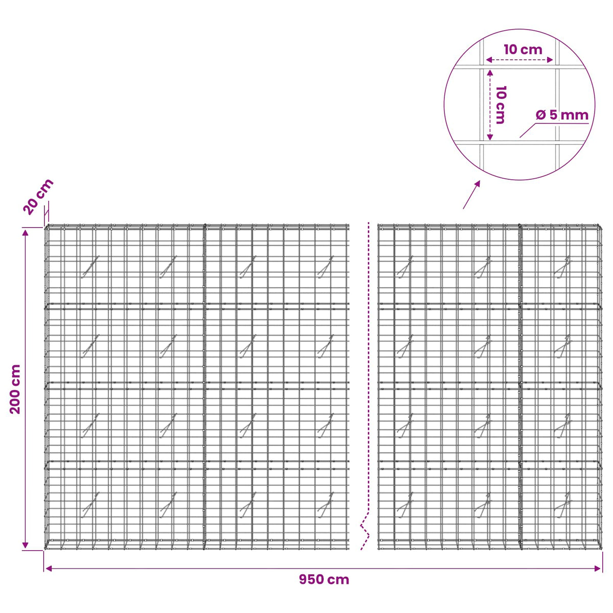 Gabion with 5 mm Wire and 10x10 cm Mesh 950x20x200 cm
