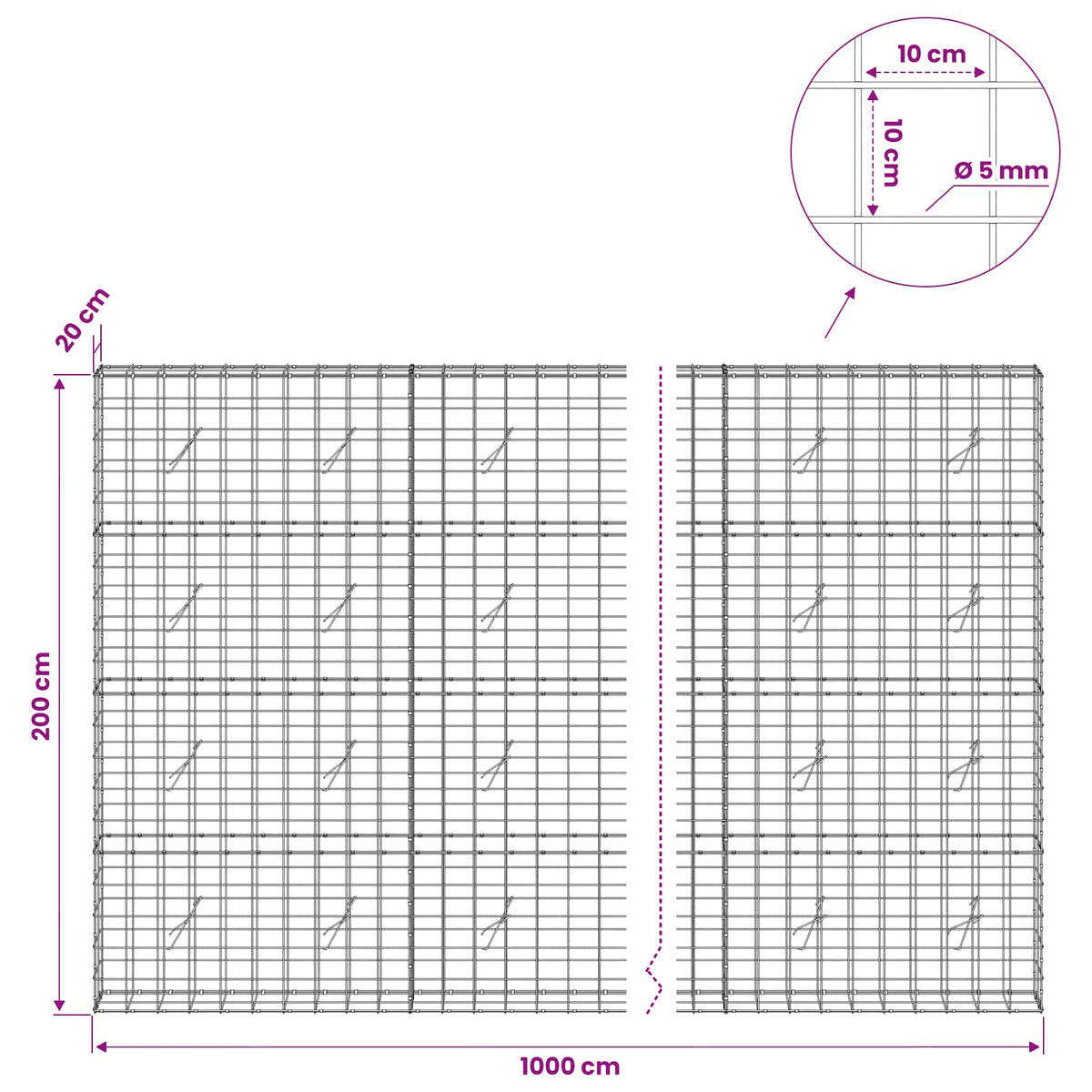 Gabion with 5 mm Wire and 10x10 cm Mesh 1000x20x200 cm