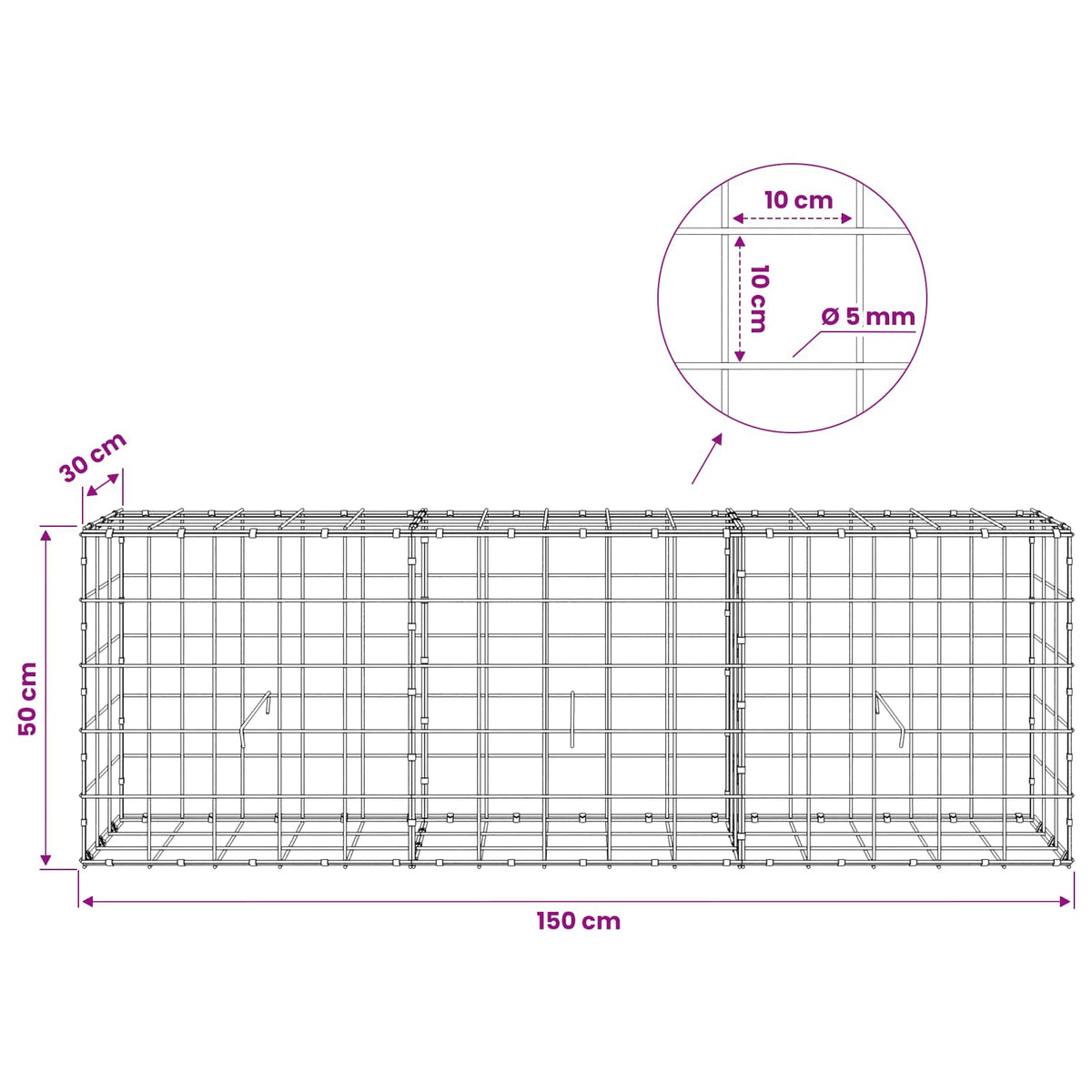 Gabion with 5 mm Wire and 10x10 cm Mesh 150x30x50 cm