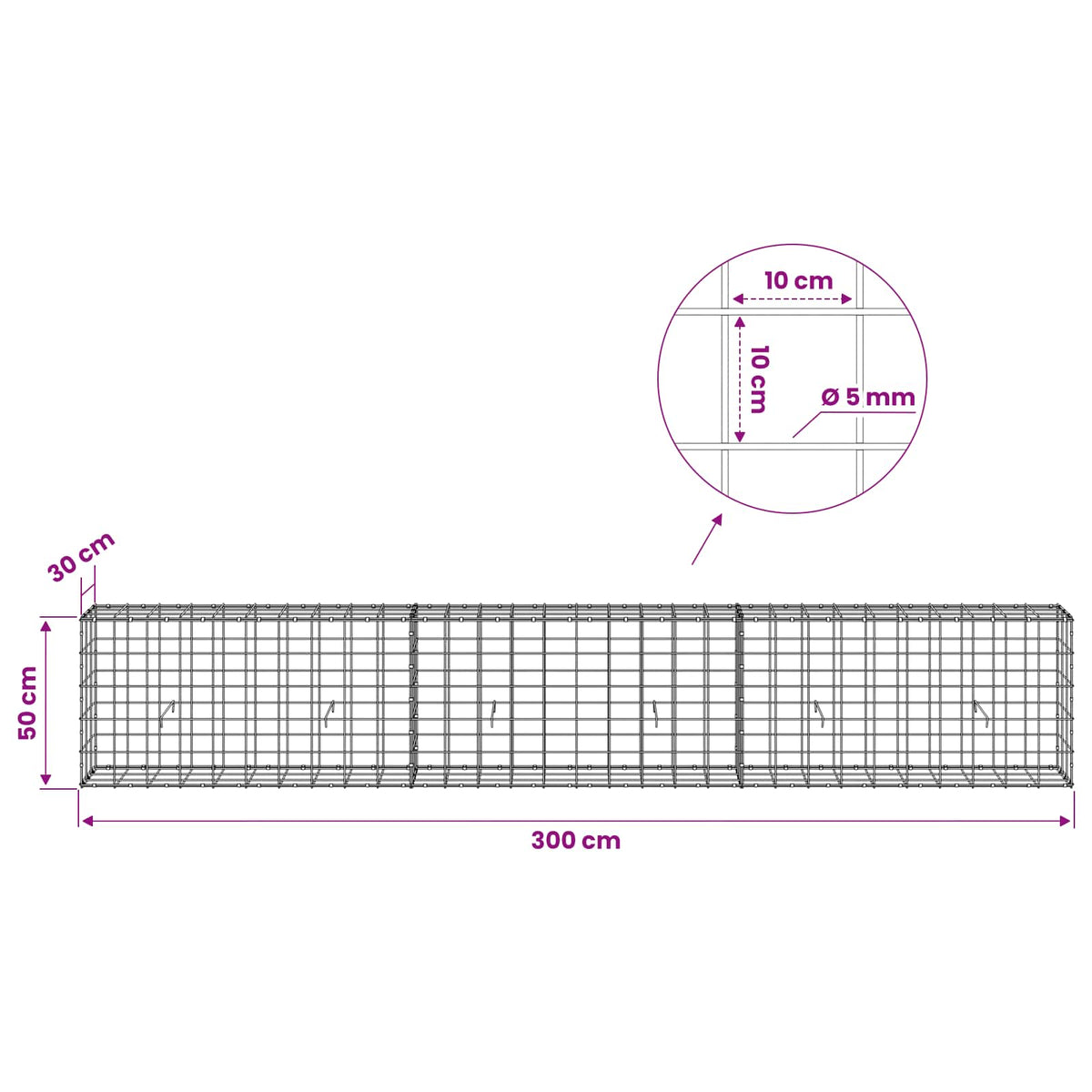 Gabion with 5 mm Wire and 10x10 cm Mesh 300x30x50 cm