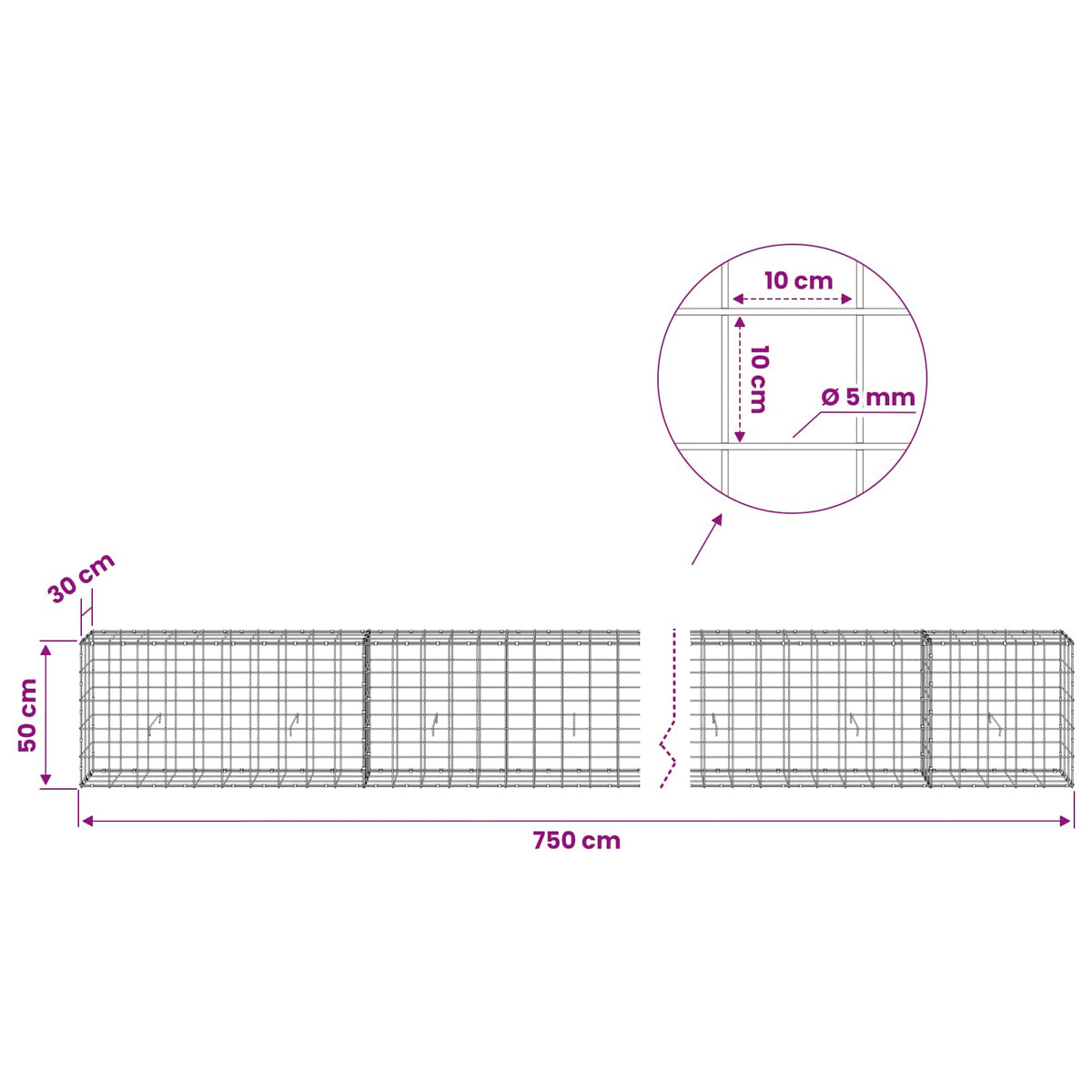 Gabion with 5 mm Wire and 10x10 cm Mesh 750x30x50 cm