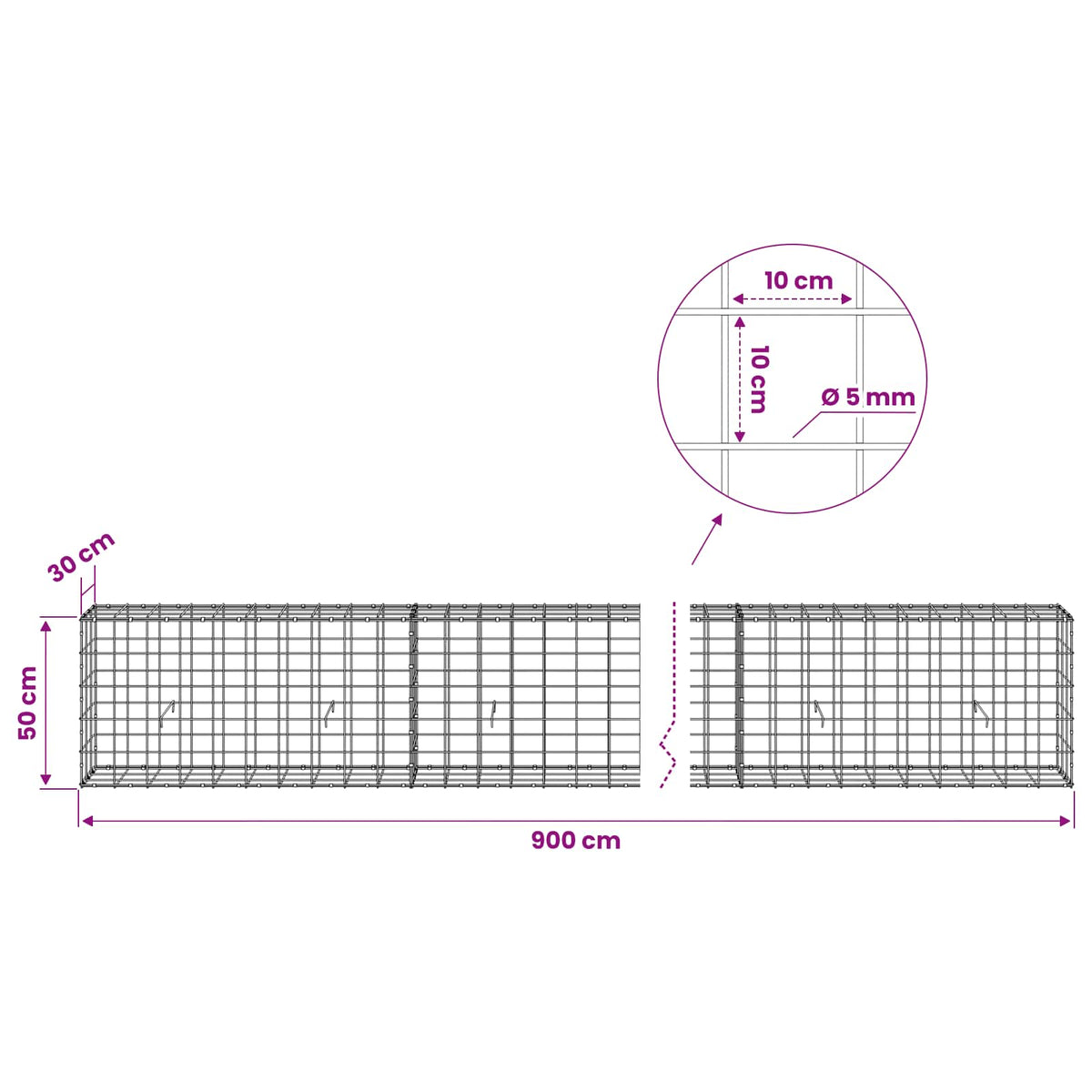 Gabion with 5 mm Wire and 10x10 cm Mesh 900x30x50 cm
