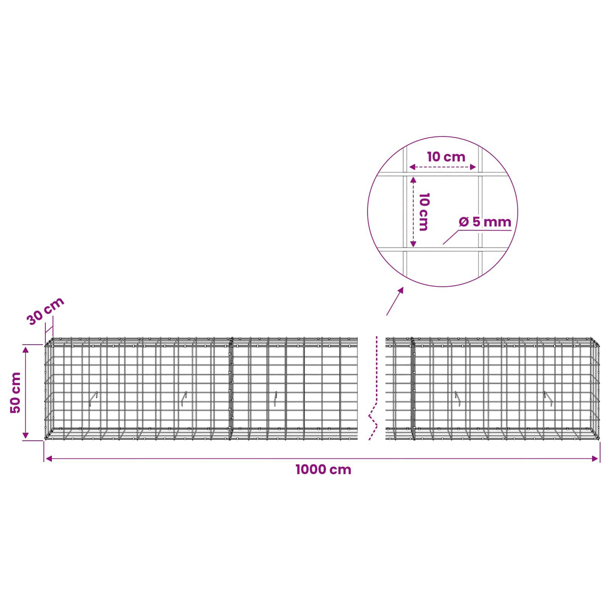 Gabion with 5 mm Wire and 10x10 cm Mesh 1000x30x50 cm
