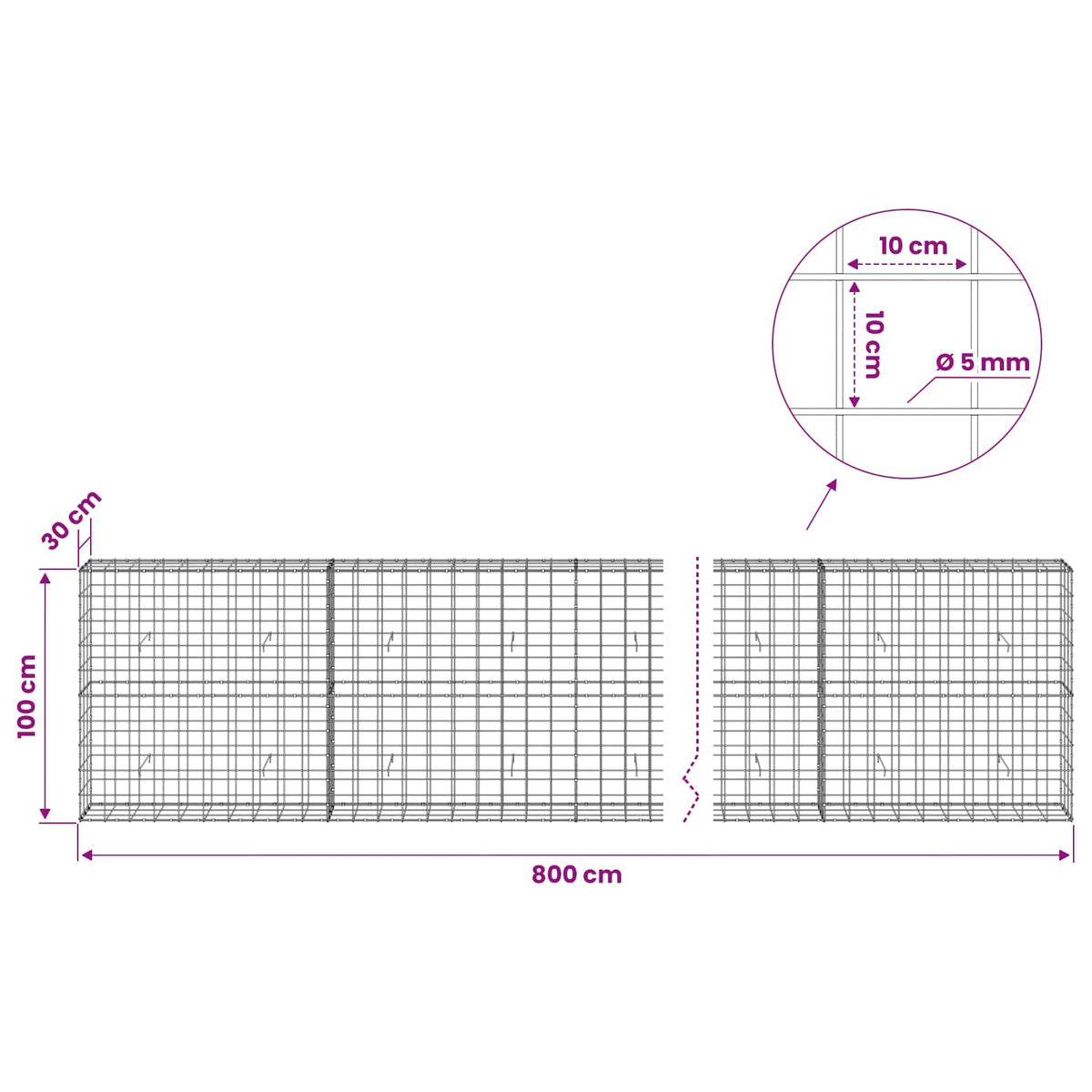 Gabion with 5 mm Wire and 10x10 cm Mesh 800x30x100 cm