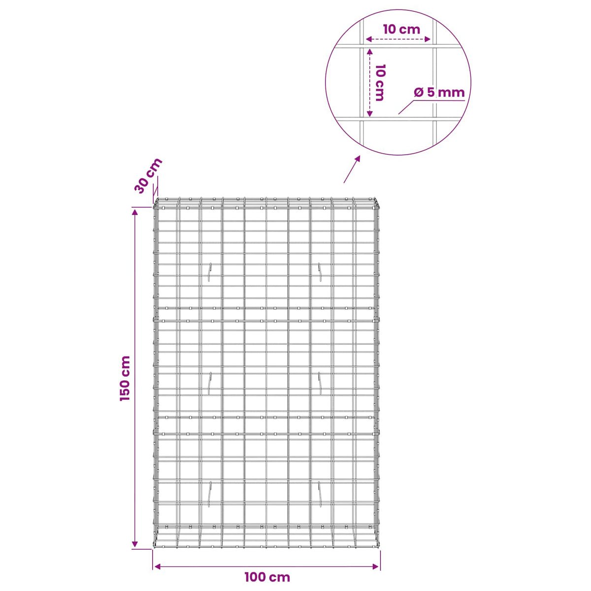 Gabion with 5 mm Wire and 10x10 cm Mesh 100x30x150 cm