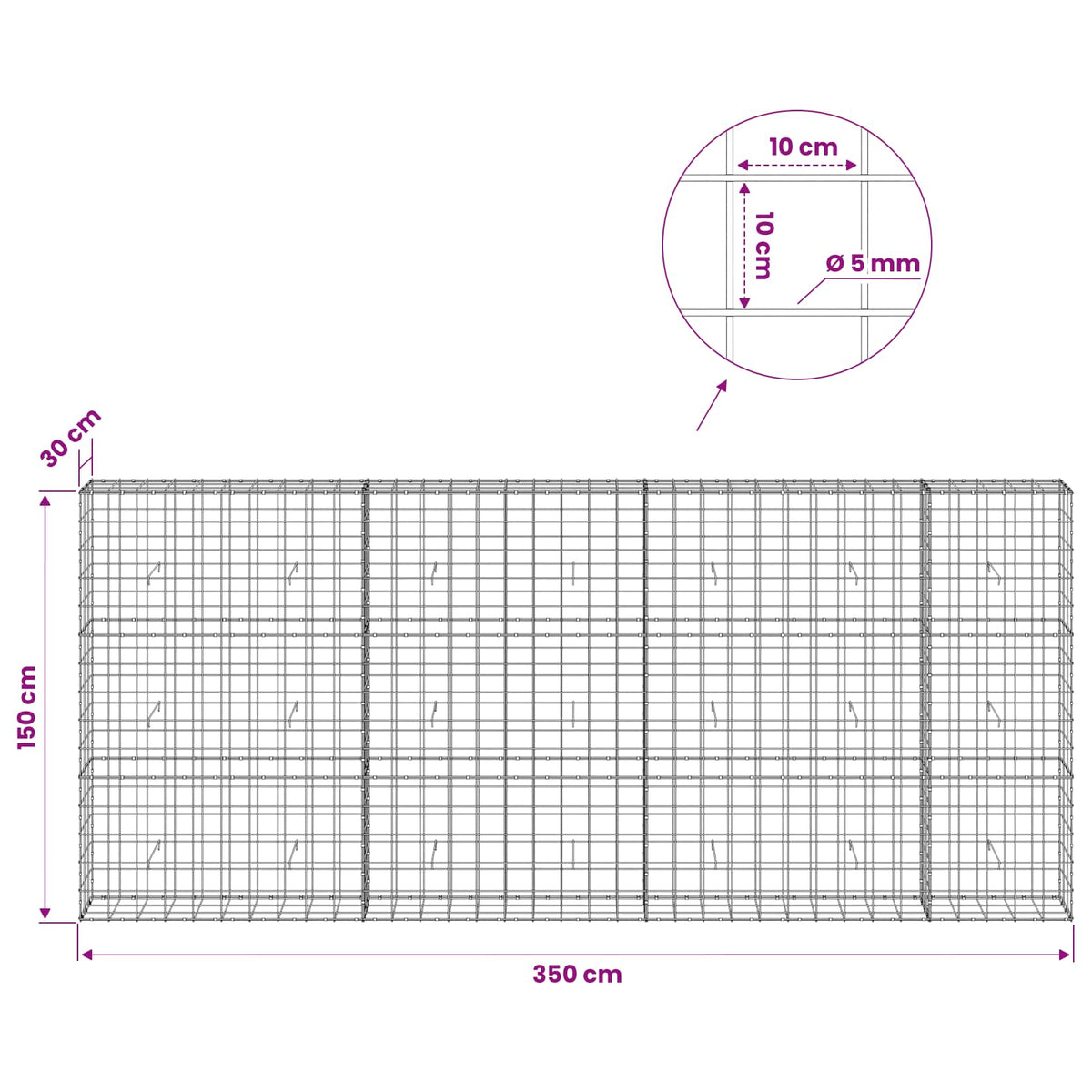 Gabion with 5 mm Wire and 10x10 cm Mesh 350x30x150 cm