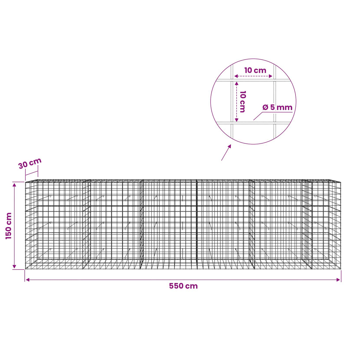 Gabion with 5 mm Wire and 10x10 cm Mesh 550x30x150 cm