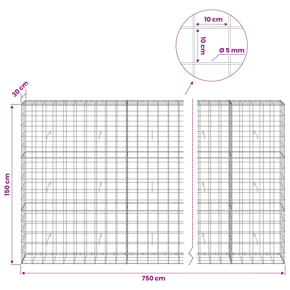 Gabion with 5 mm Wire and 10x10 cm Mesh 750x30x150 cm