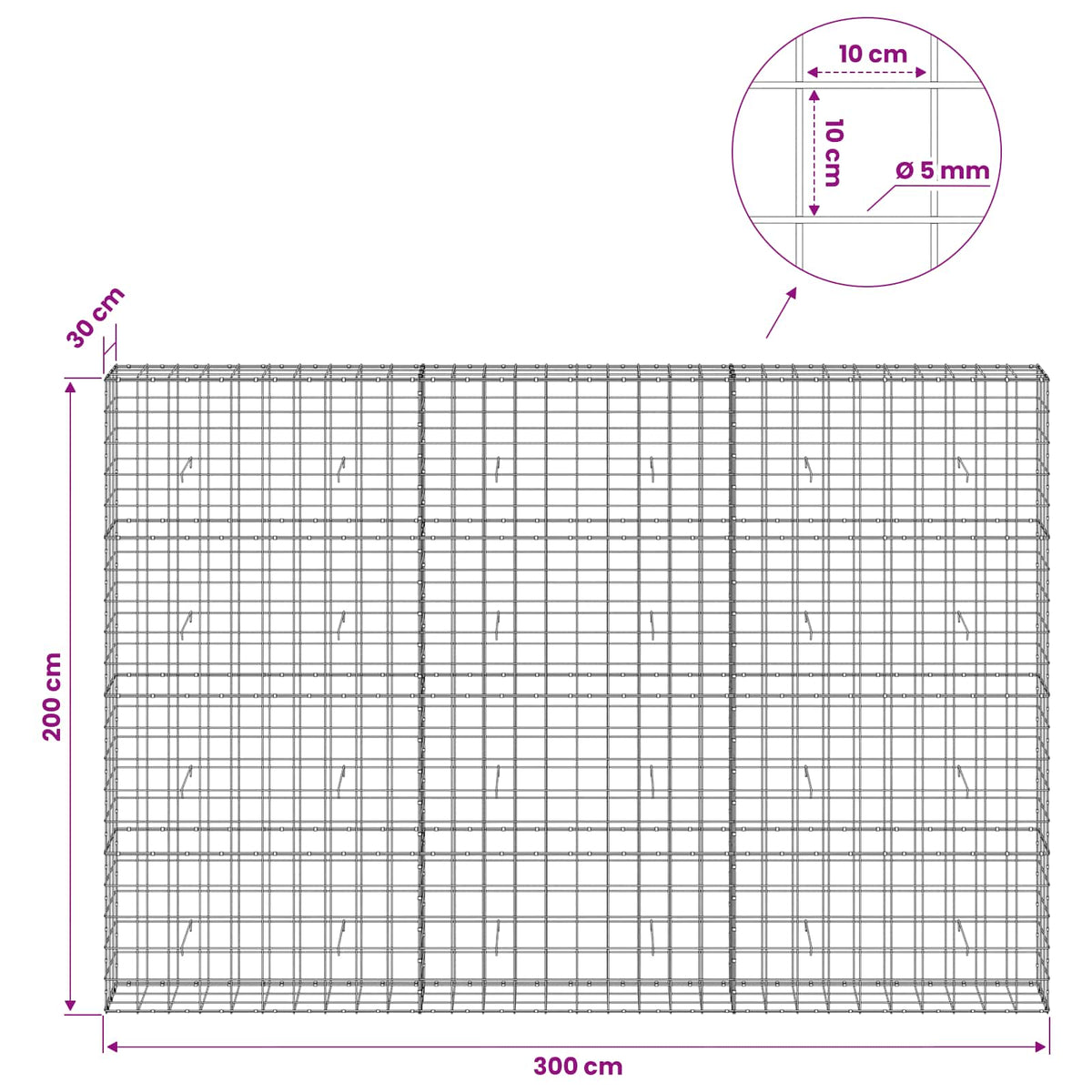 Gabion with 5 mm Wire and 10x10 cm Mesh 300x30x200 cm