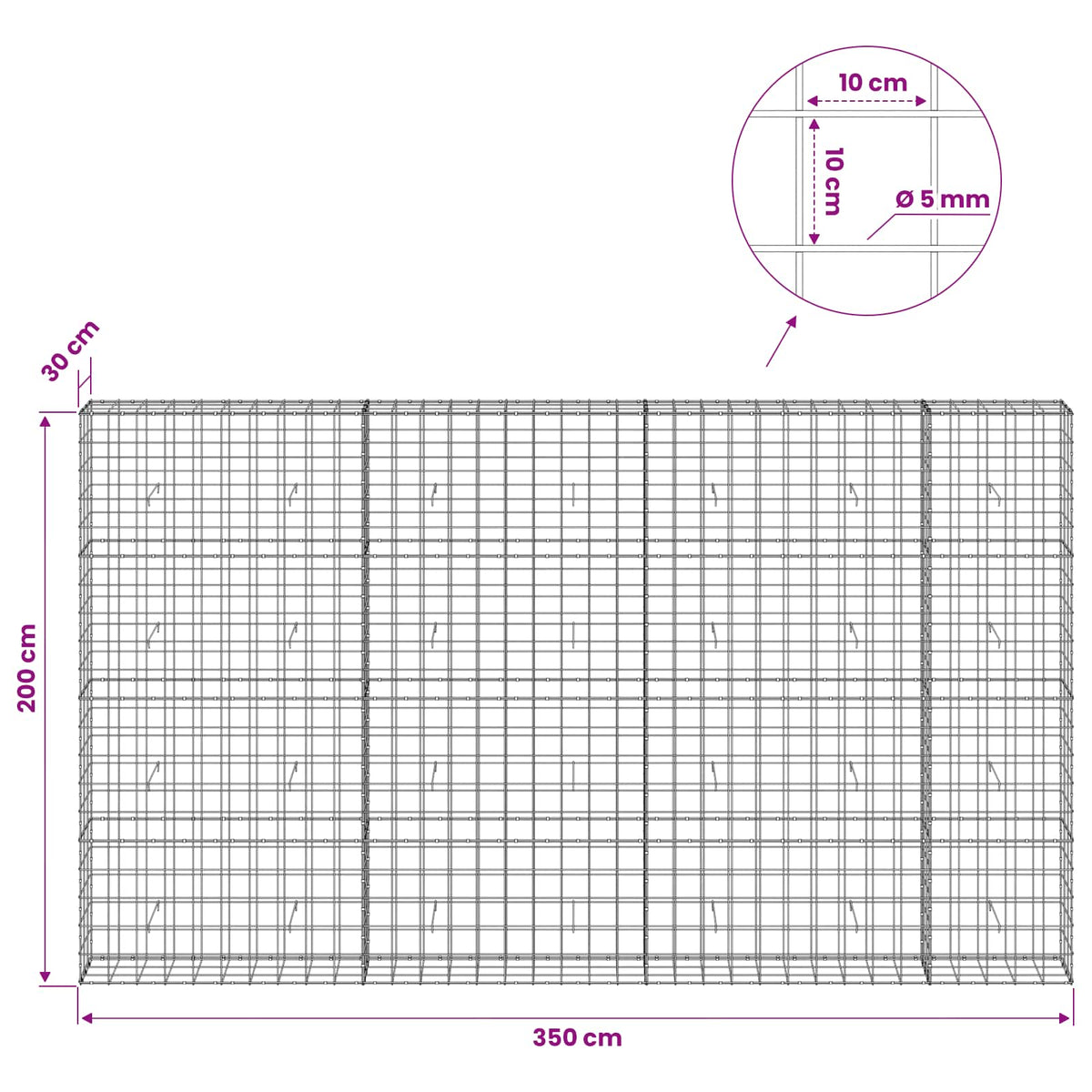 Gabion with 5 mm Wire and 10x10 cm Mesh 350x30x200 cm