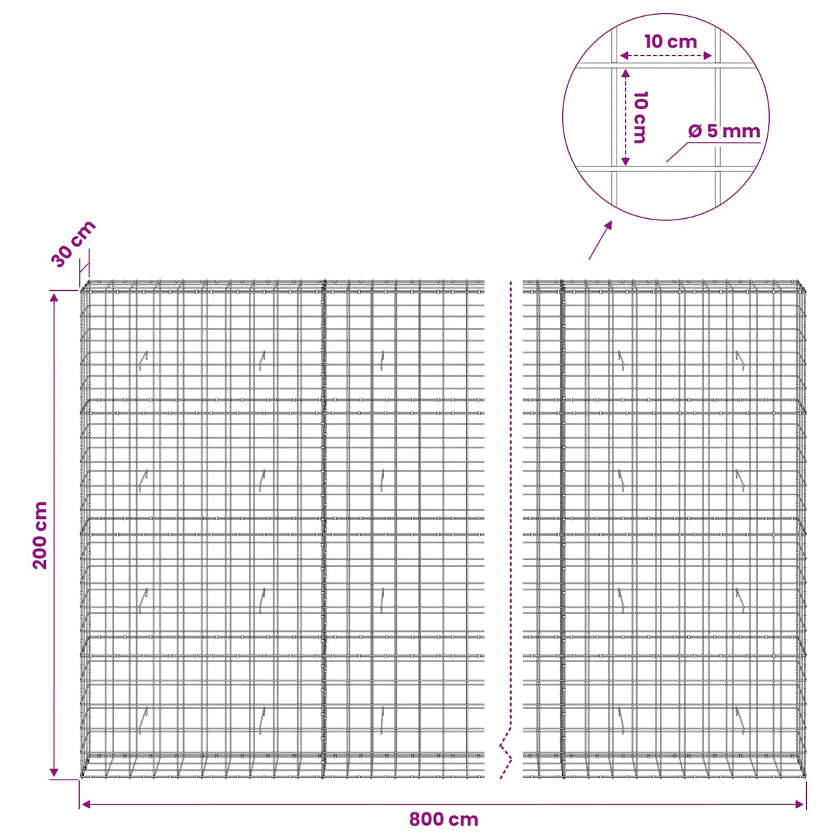 Gabion with 5 mm Wire and 10x10 cm Mesh 800x30x200 cm