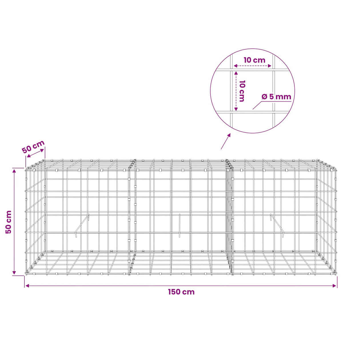Gabion with 5 mm Wire and 10x10 cm Mesh 150x50x50 cm