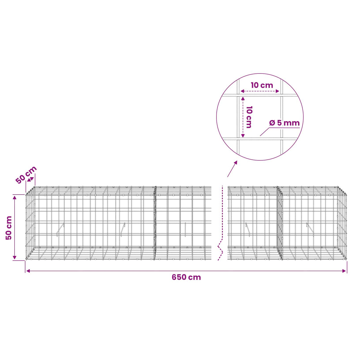 Gabion with 5 mm Wire and 10x10 cm Mesh 650x50x50 cm