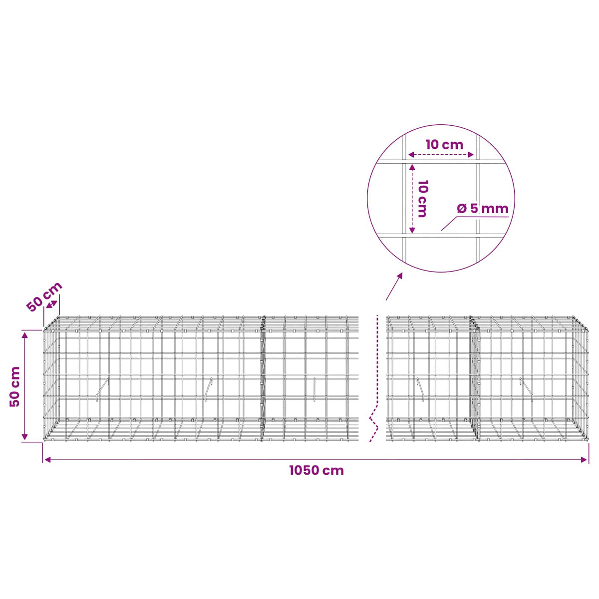 Gabion with 5 mm Wire and 10x10 cm Mesh 1050x50x50 cm