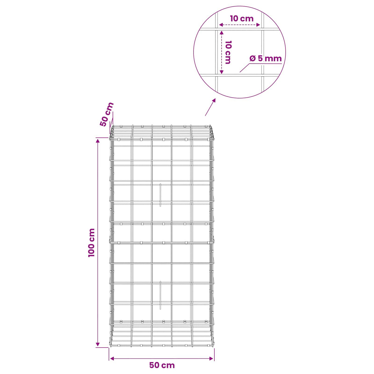 Gabion with 5 mm Wire and 10x10 cm Mesh 50x50x100 cm
