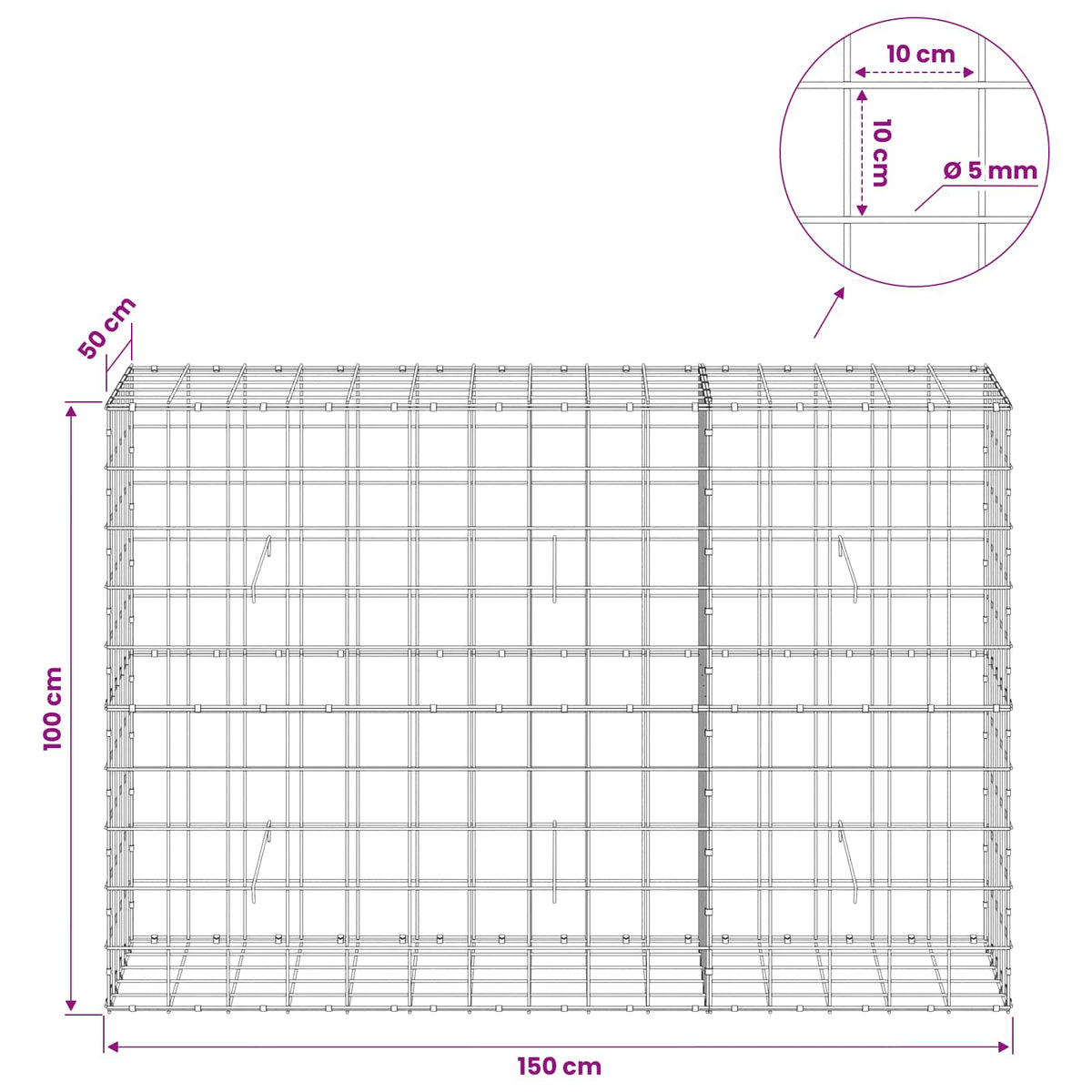Gabion with 5 mm Wire and 10x10 cm Mesh 150x50x100 cm