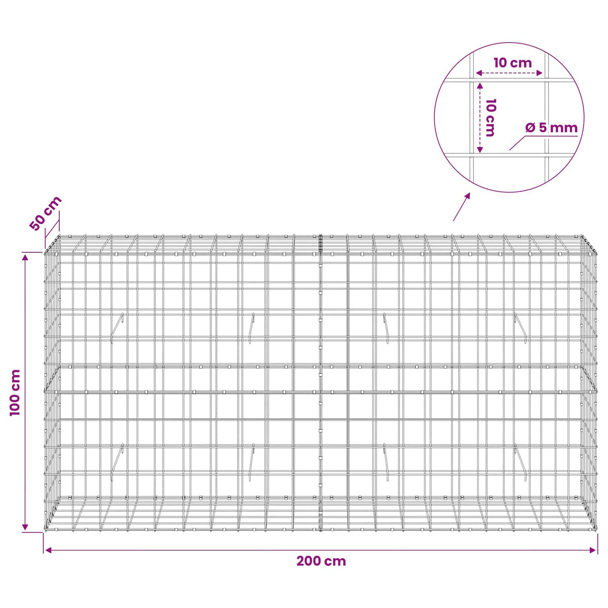 Gabion with 5 mm Wire and 10x10 cm Mesh 200x50x100 cm