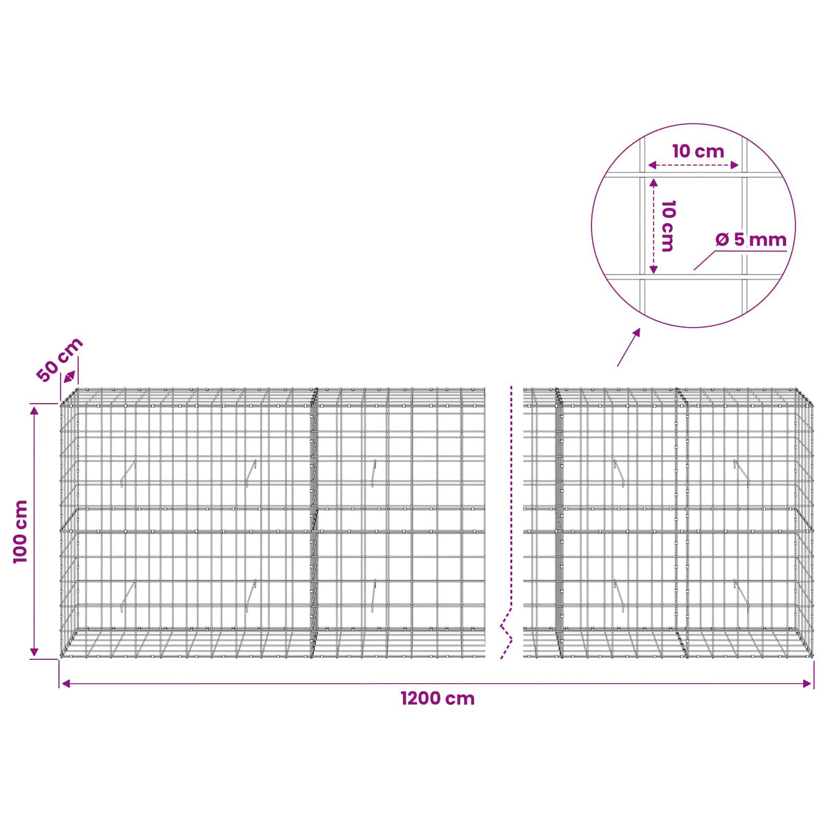 Gabion with 5 mm Wire and 10x10 cm Mesh 1200x50x100 cm