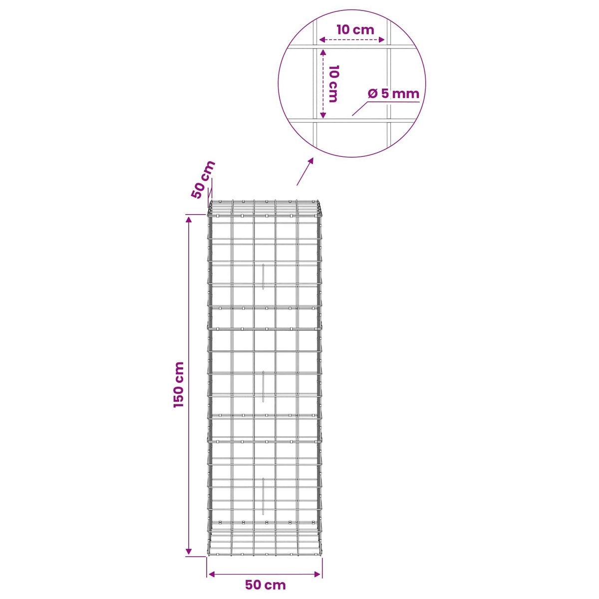 Gabion with 5 mm Wire and 10x10 cm Mesh 50x50x150 cm