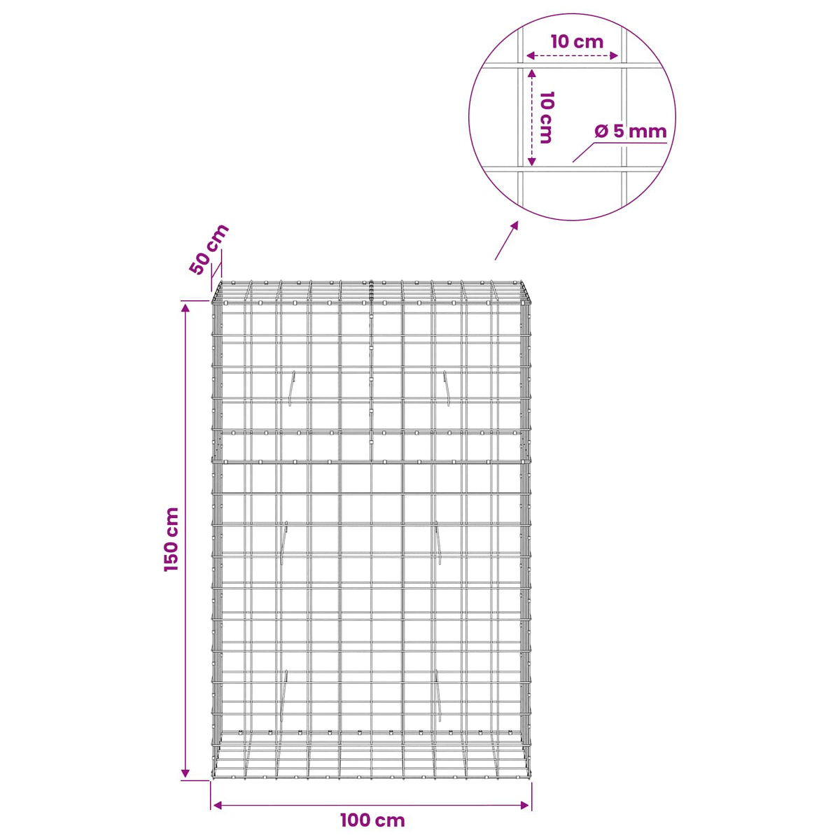 Gabion with 5 mm Wire and 10x10 cm Mesh 100x50x150 cm