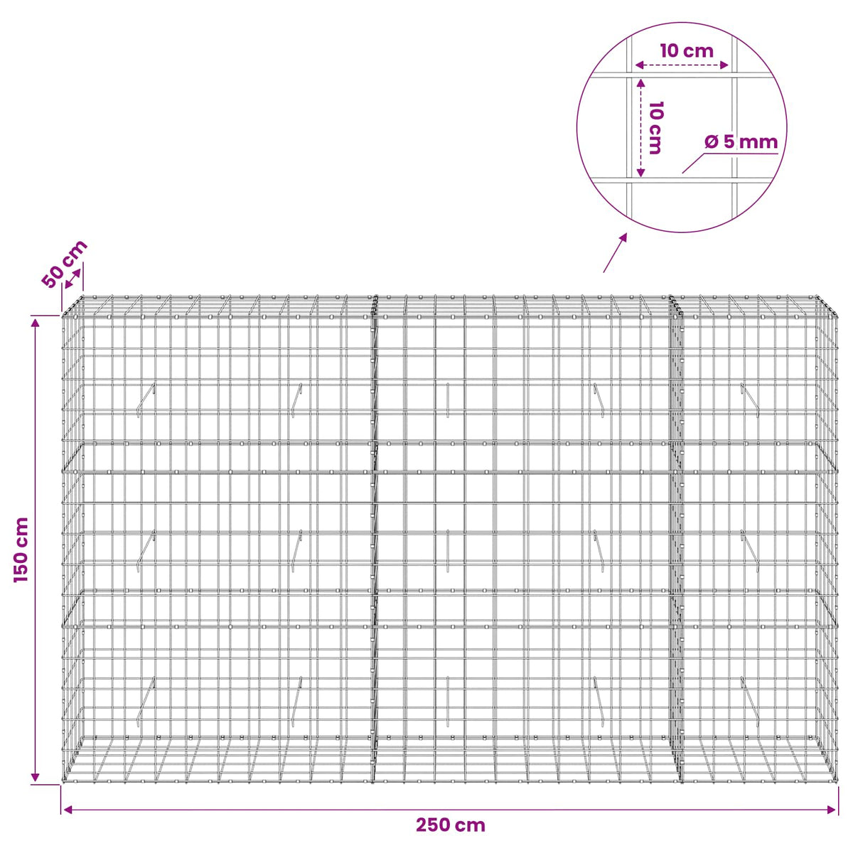 Gabion with 5 mm Wire and 10x10 cm Mesh 250x50x150 cm