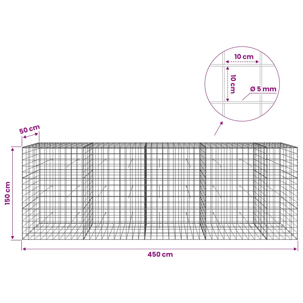 Gabion with 5 mm Wire and 10x10 cm Mesh 450x50x150 cm
