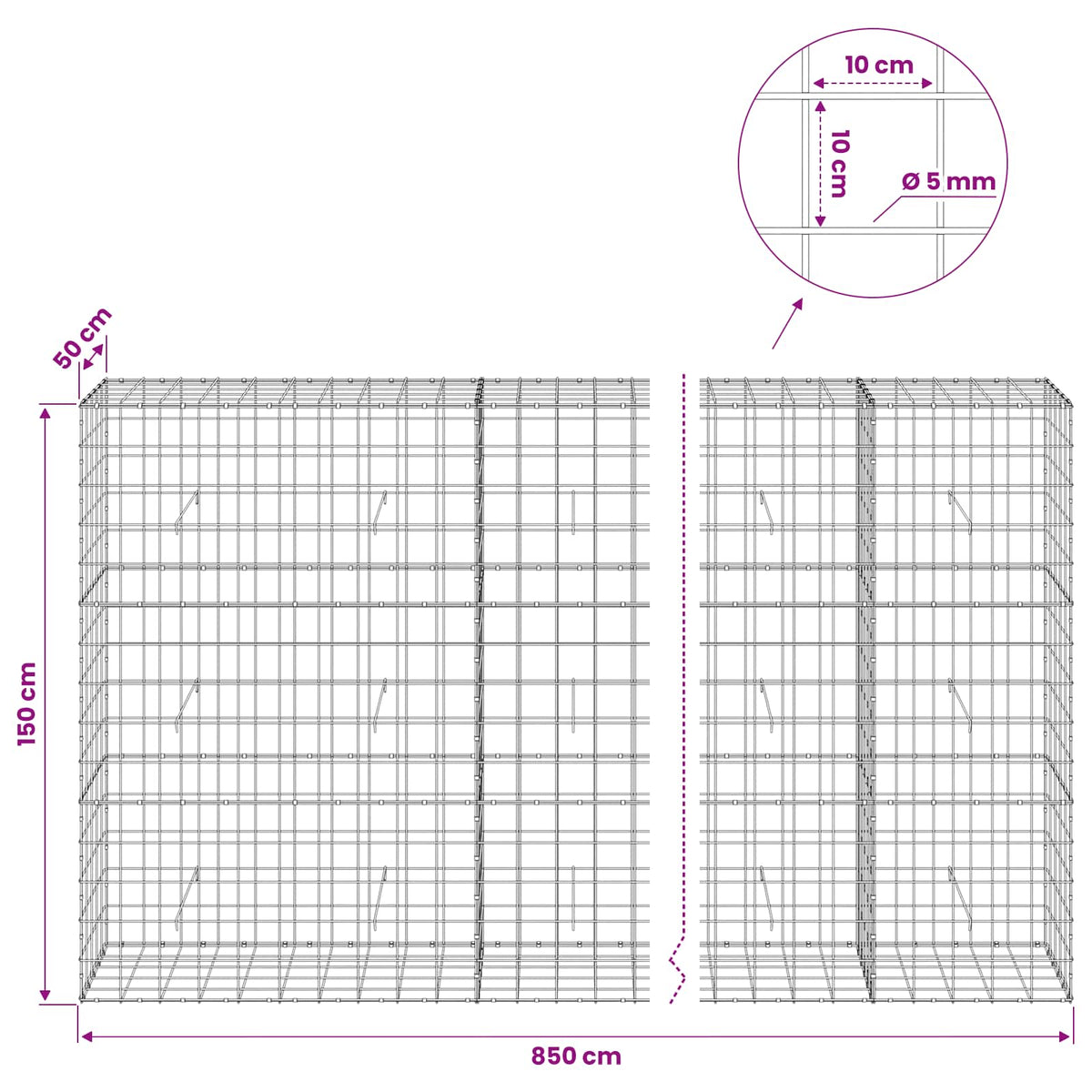 Gabion with 5 mm Wire and 10x10 cm Mesh 850x50x150 cm