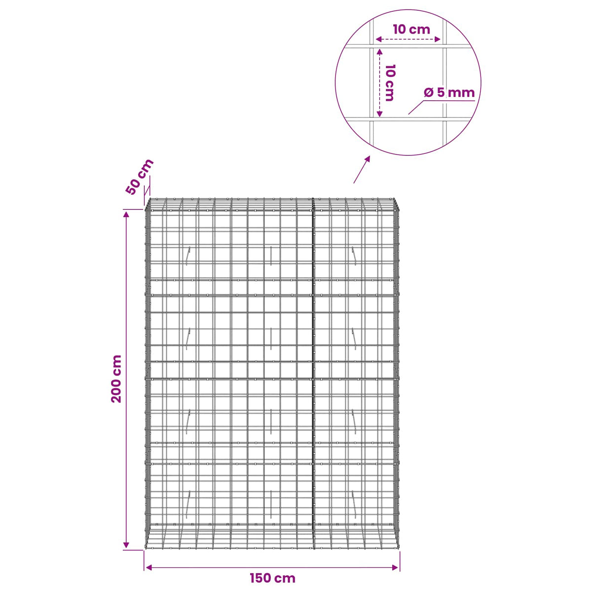 Gabion with 5 mm Wire and 10x10 cm Mesh 150x50x200 cm
