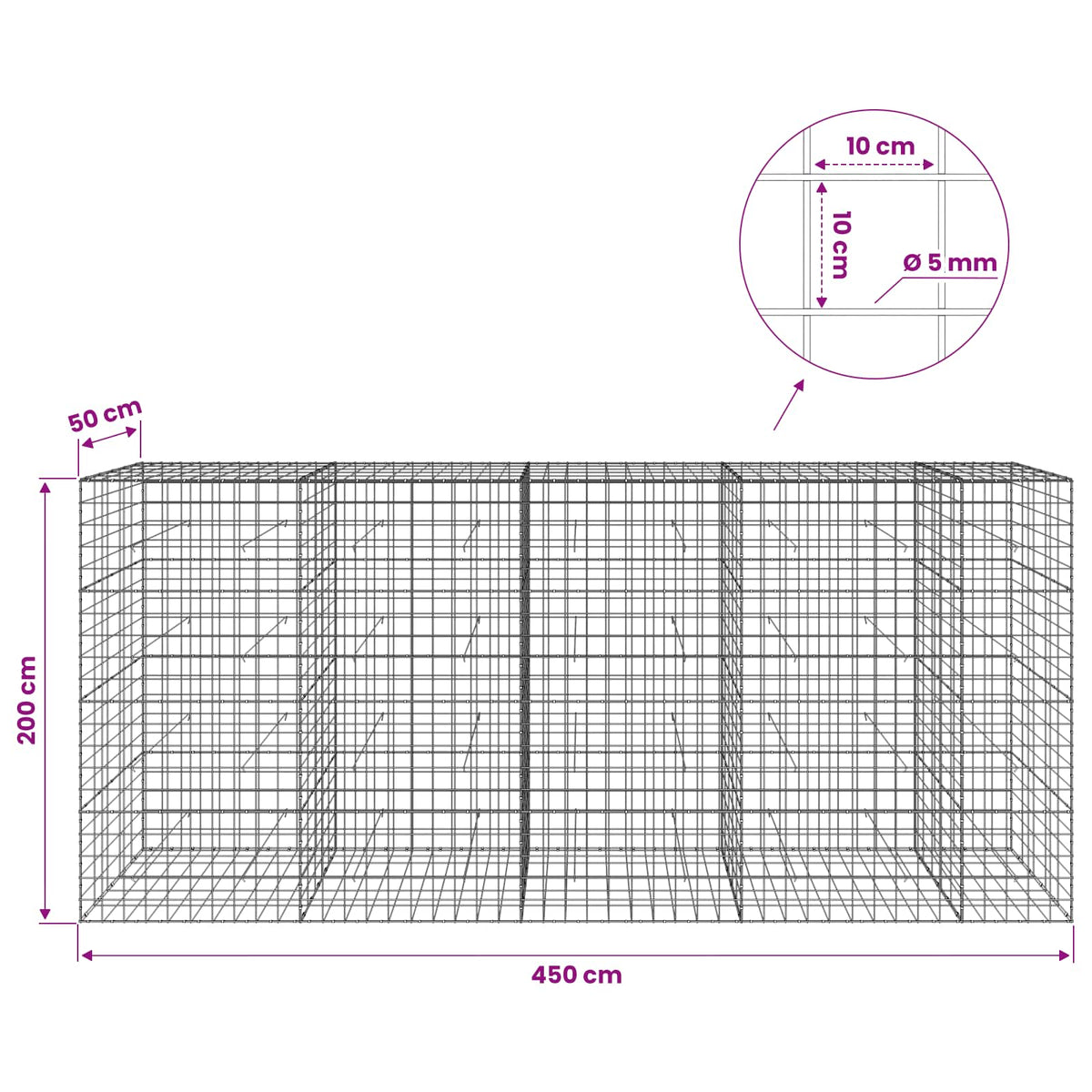 Gabion with 5 mm Wire and 10x10 cm Mesh 450x50x200 cm