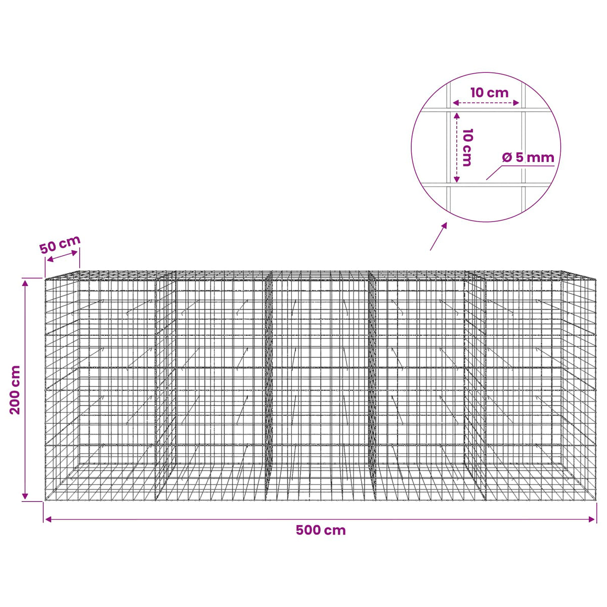 Gabion with 5 mm Wire and 10x10 cm Mesh 500x50x200 cm