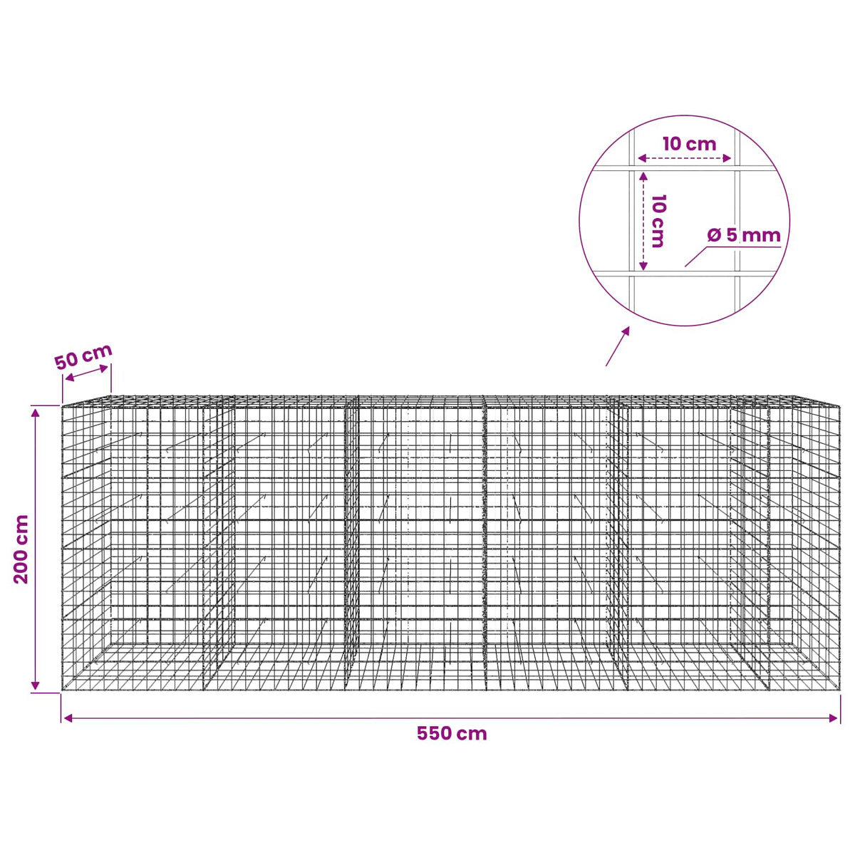 Gabion with 5 mm Wire and 10x10 cm Mesh 550x50x200 cm