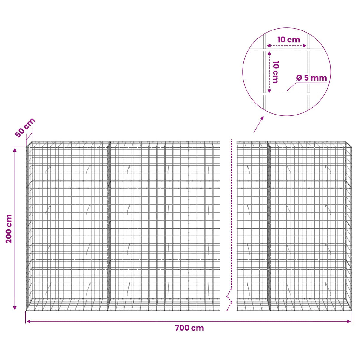 Gabion with 5 mm Wire and 10x10 cm Mesh 700x50x200 cm