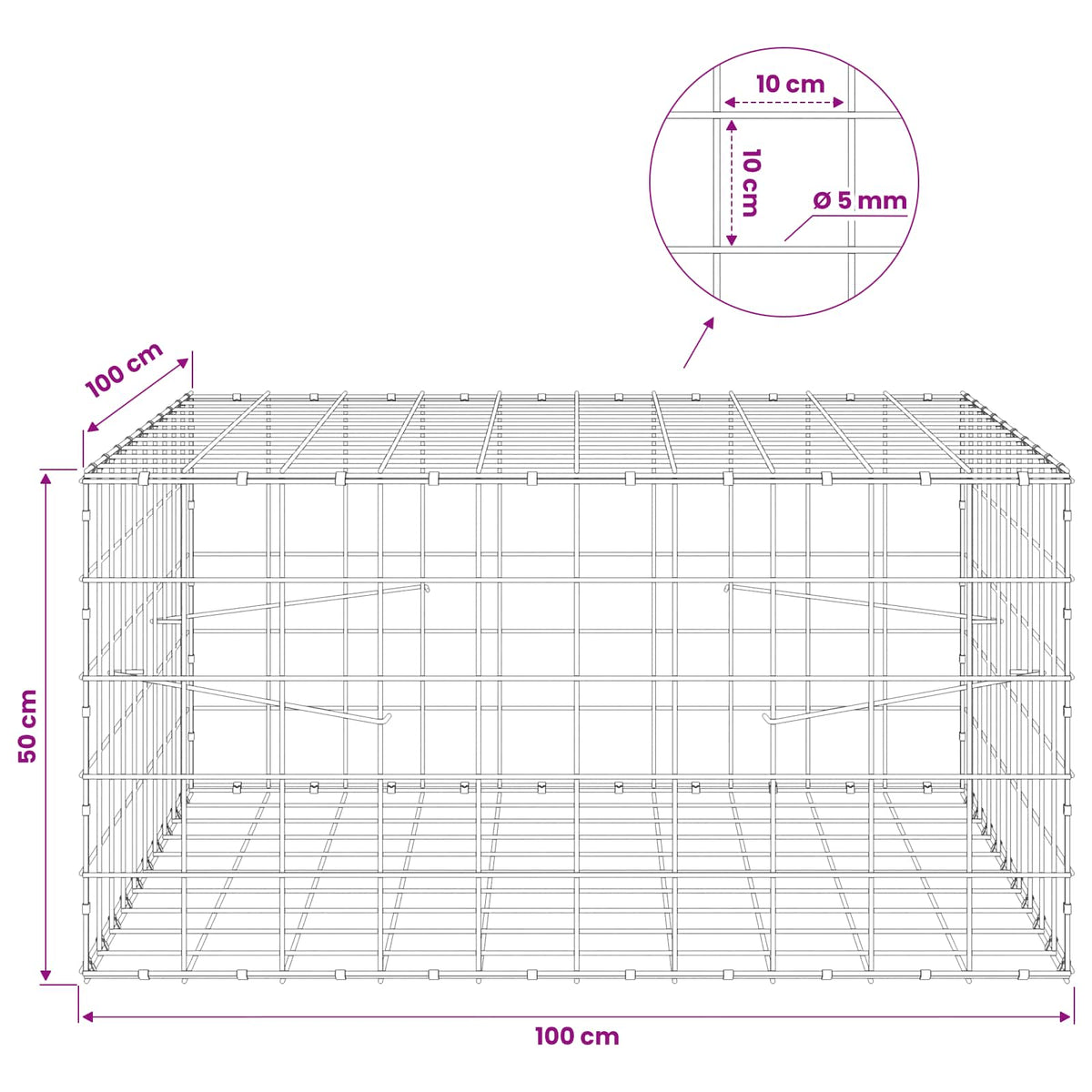 Gabion with 5 mm Wire and 10x10 cm Mesh 100x100x50 cm