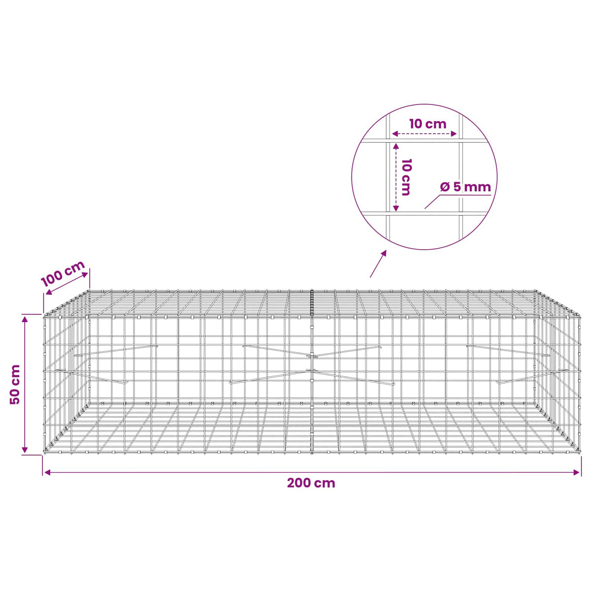 Gabion with 5 mm Wire and 10x10 cm Mesh 200x100x50 cm